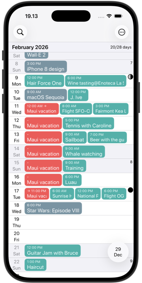 Tycho Month Calendar showing monthly view with events and decorations